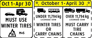 Winter tire and chain-up regulations in effect from October 1 to April 30